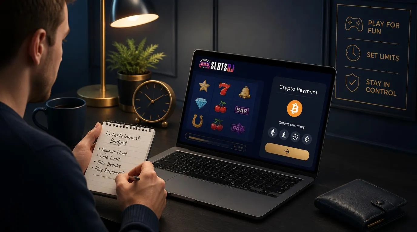 Erwachsener Nutzer prüft sein Spielbudget neben einem Laptop mit neutraler Casino- und Kryptoansicht