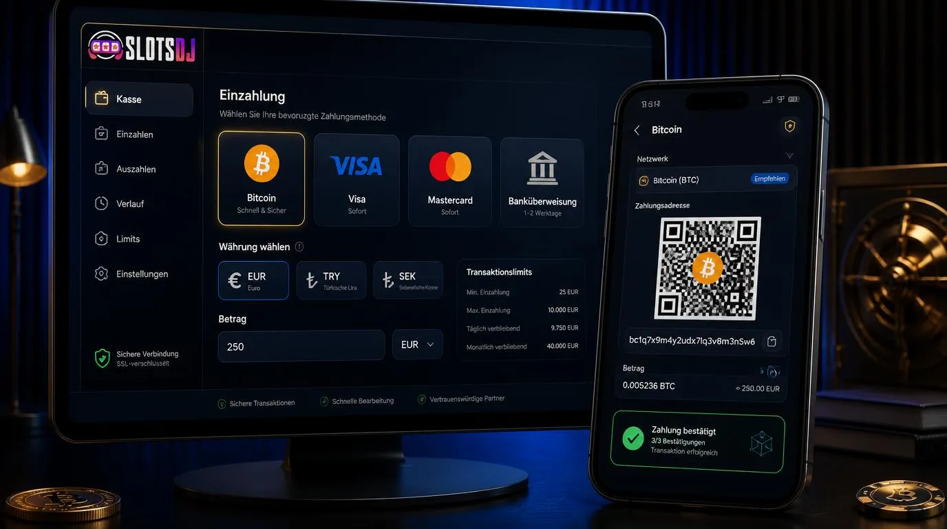 Bitcoin-Wallet neben sicherem Casino-Kassenbereich mit Zahlungsoptionen und Transaktionsbestätigung