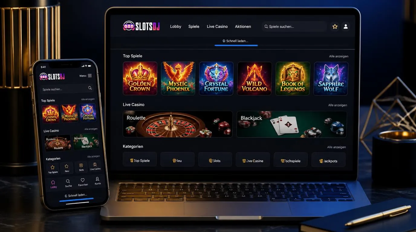 Mobiles Casino-Interface mit Slots, Tischspielen und schnell ladender Spielbibliothek auf Smartphone und Laptop