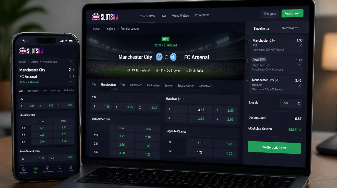 Live-Wettschein mit Fußballmärkten, aktuellen Quoten und Auswahl für Einzel- oder Kombiwetten