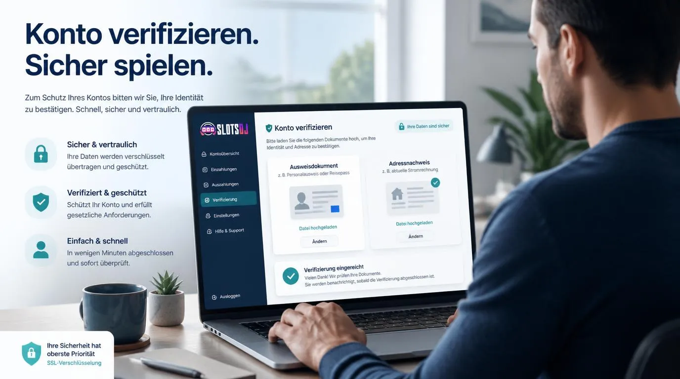 Nutzer lädt Ausweis und Adressnachweis sicher im Verifizierungsbereich eines Casino-Kontos hoch