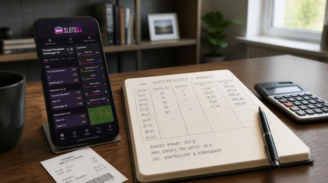 Sportwetten-Budget mit Notizbuch, Einsatzplan und Quotenübersicht auf einem Smartphone