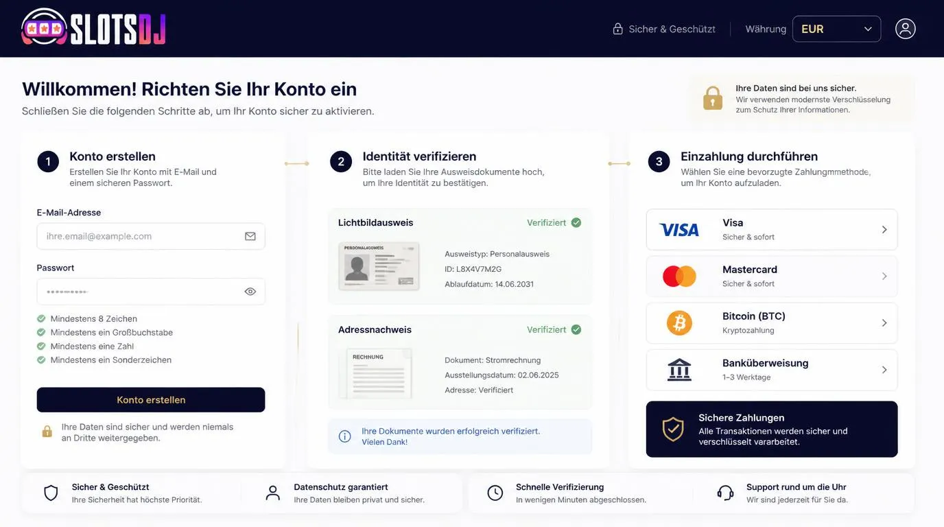 Kontoansicht mit Identitätsprüfung, Adressnachweis und sicheren Zahlungsoptionen