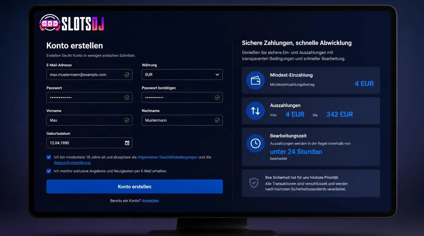 Registrierungsformular mit Auswahl von EUR sowie Anzeige von Einzahlung und Auszahlung