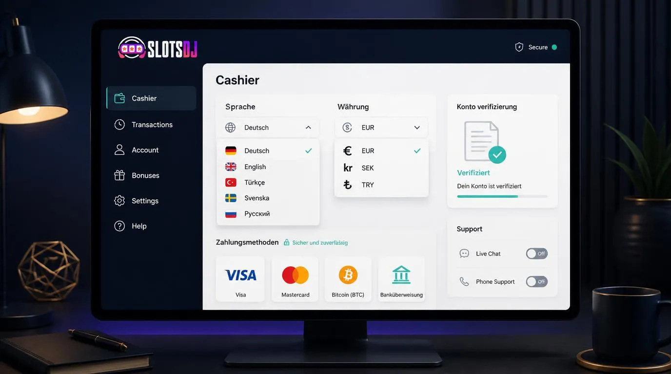 Casino-Kassenansicht mit Sprachauswahl, EUR, SEK und TRY sowie Karten- und Bitcoin-Zahlungen