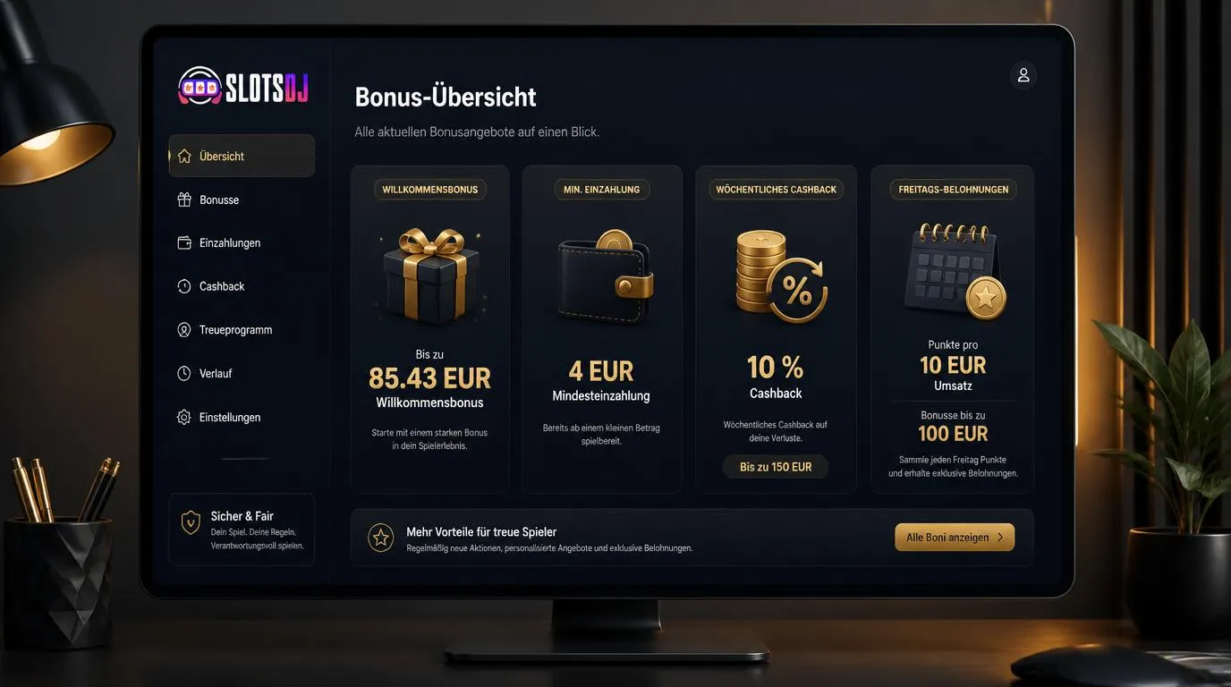 Casino-Bonusübersicht mit Willkommensangebot, Mindesteinzahlung und wöchentlichen Belohnungen
