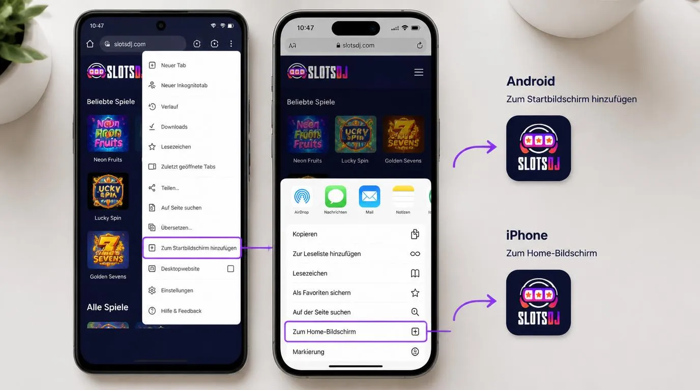 Android-Smartphone und iPhone mit Browsermenüs zum Hinzufügen einer Casino-Verknüpfung auf den Startbildschirm