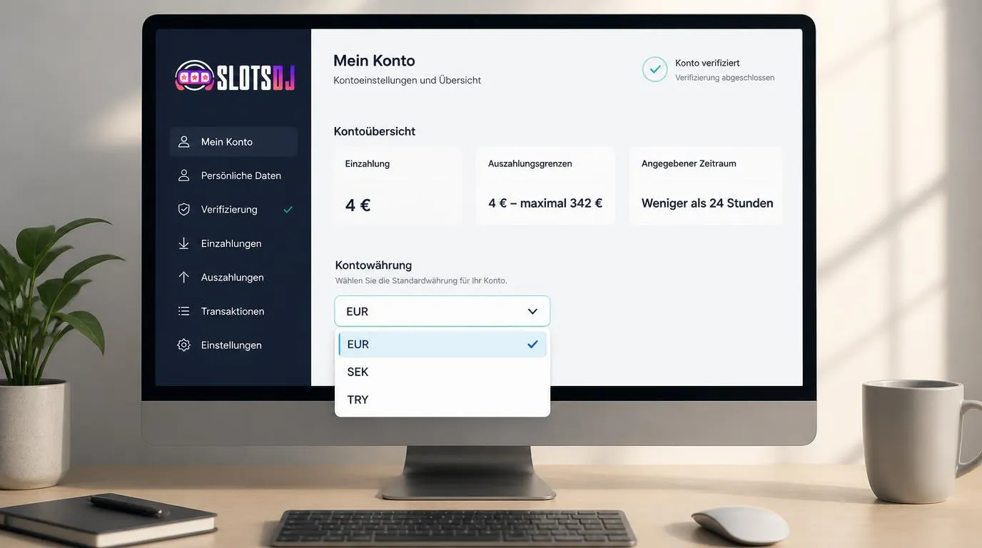 Kontoübersicht mit 4 € Einzahlung, maximal 342 € Auszahlung und einer Auswahl der Kontowährung